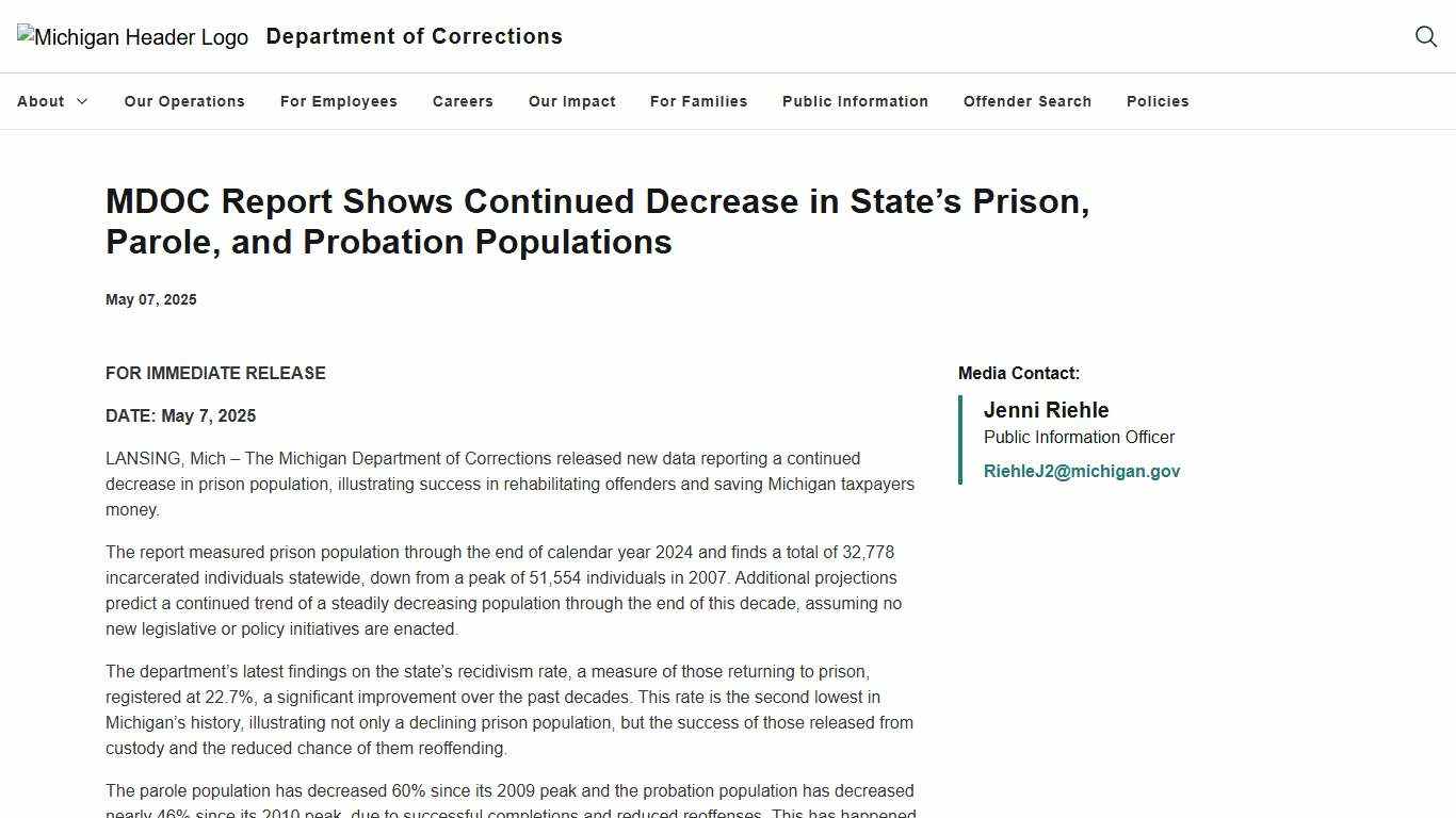 MDOC Report Shows Continued Decrease in State’s Prison, Parole, and Probation Populations