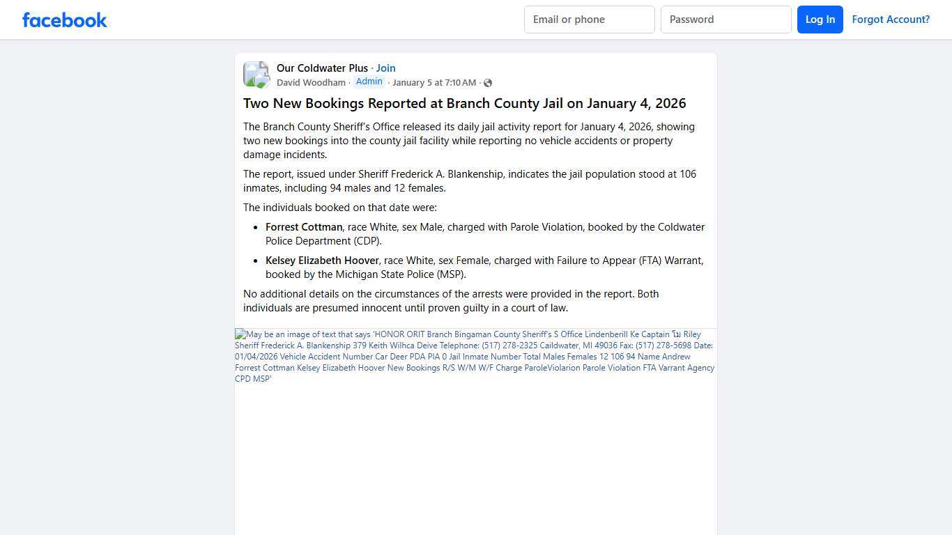 Our Coldwater Plus # **Two New Bookings Reported at Branch County Jail on January 4, 2026** Facebook