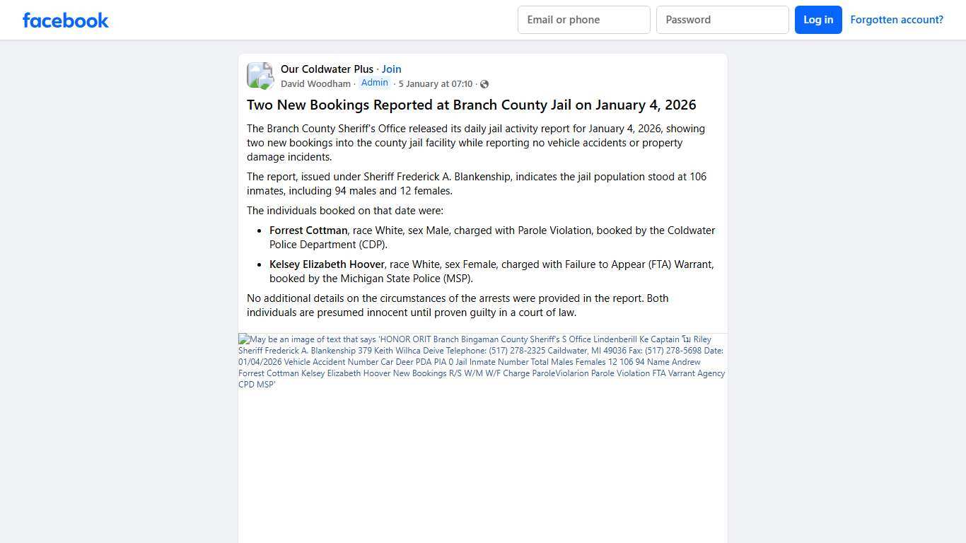 Our Coldwater Plus # **Two New Bookings Reported at Branch County Jail on January 4, 2026** Facebook
